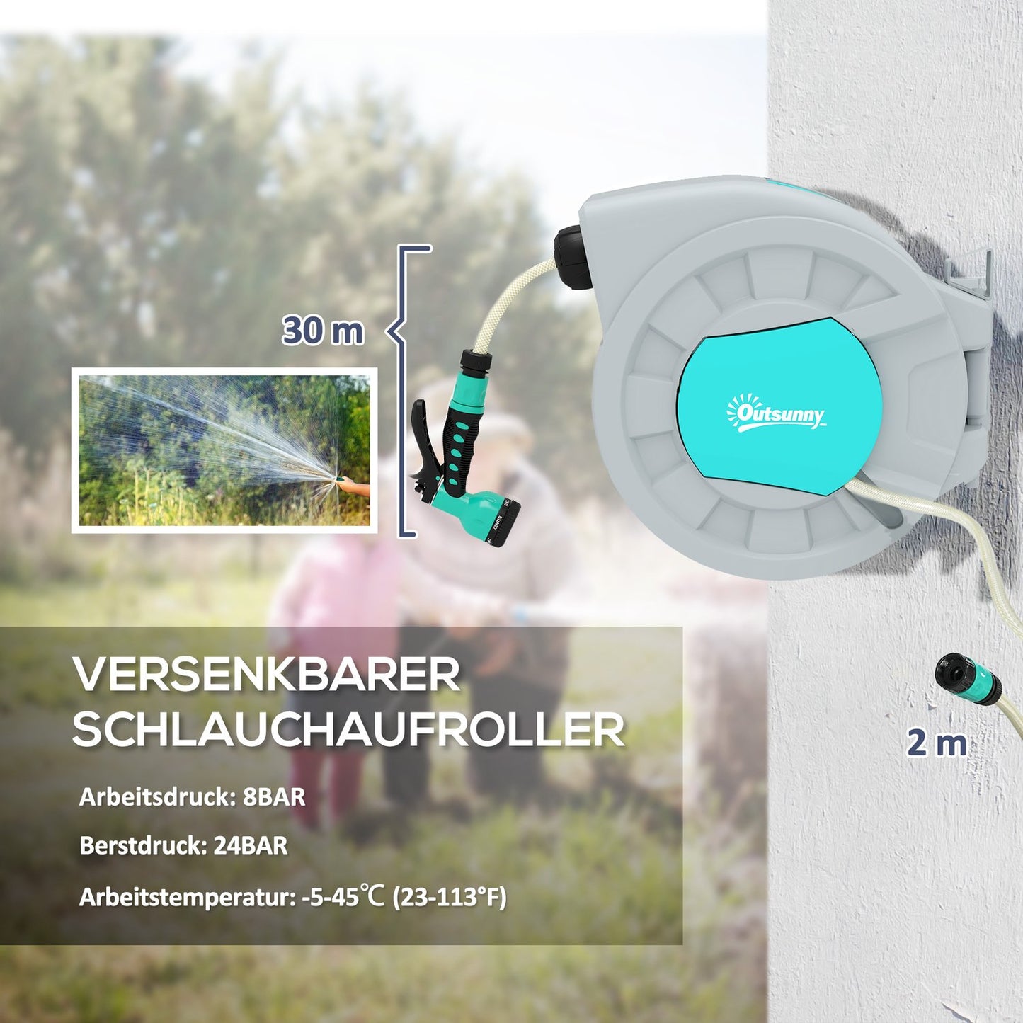 Wall-mounted hose reel with 30 m automatic reel and 7-function spray