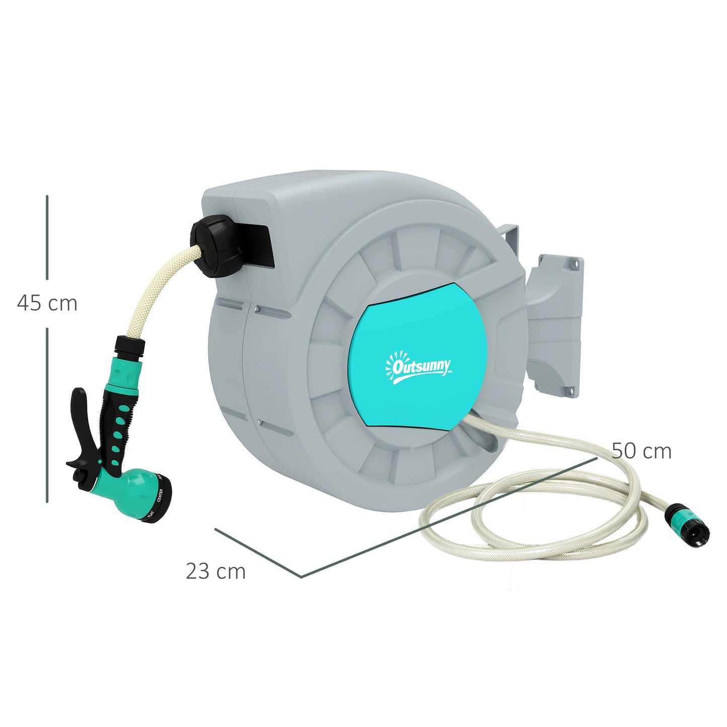Wall-mounted hose reel with 30 m automatic reel and 7-function spray
