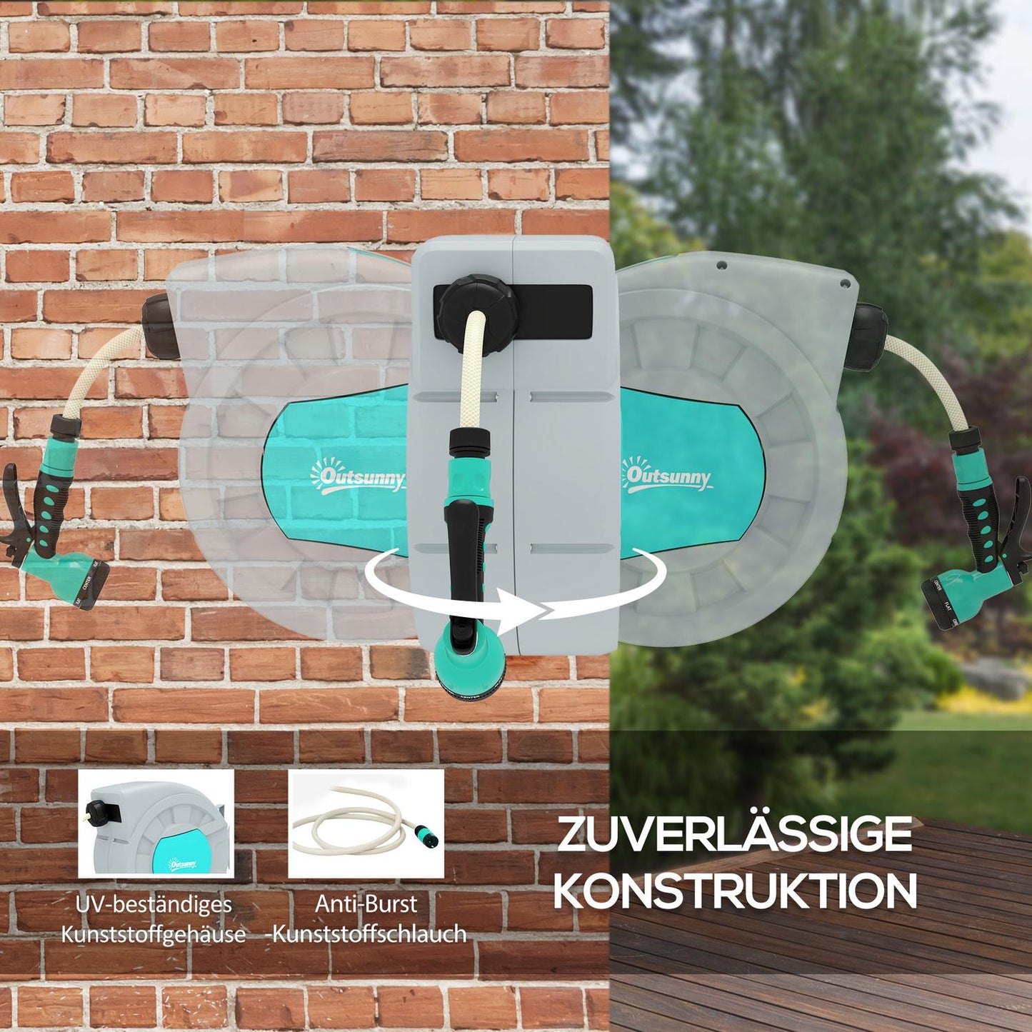 Wall-mounted hose reel with 30 m automatic reel and 7-function spray