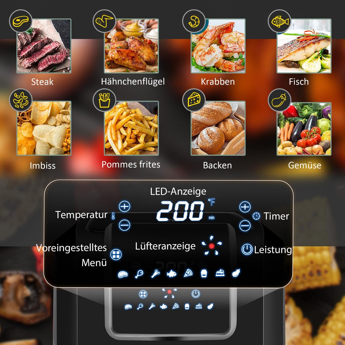 6.5L hot air fryer, 1700W, LED screen, non-stick basket