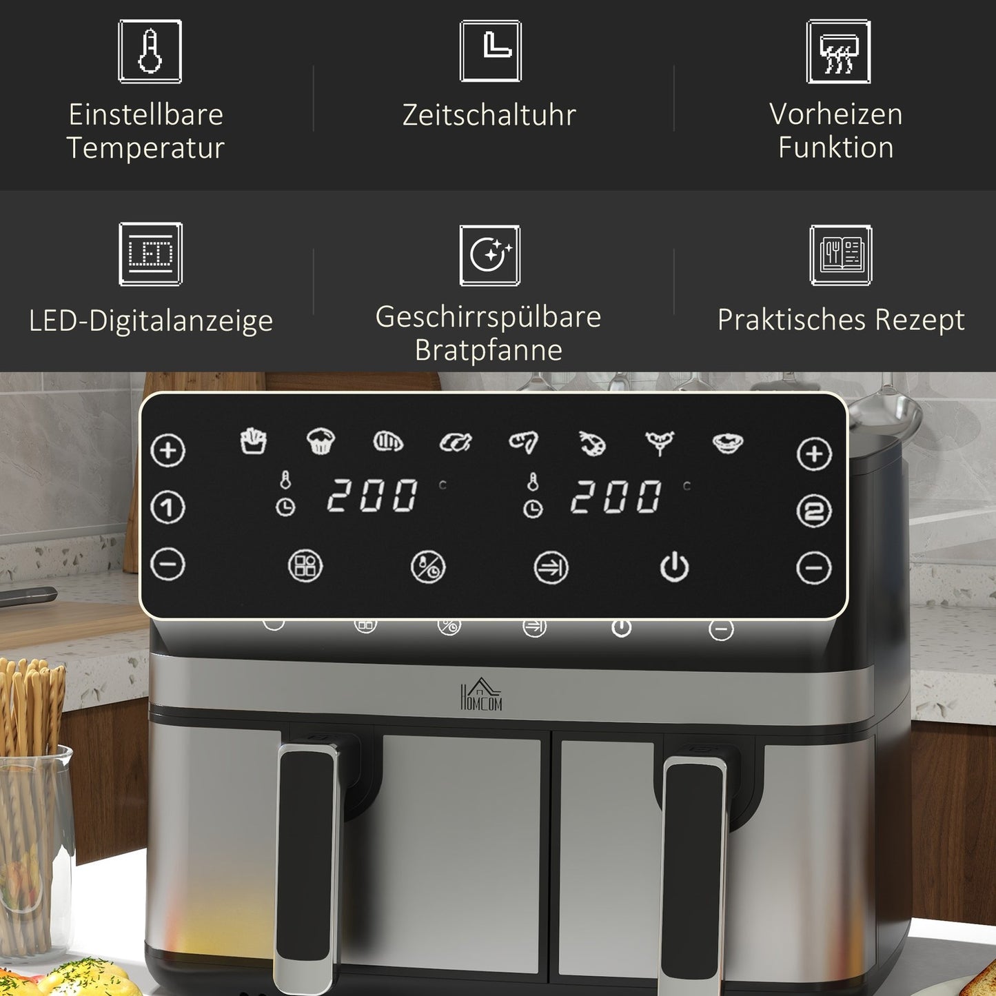 Hot Air Fryer 8.5L - Double chamber, non-stick, smart timer