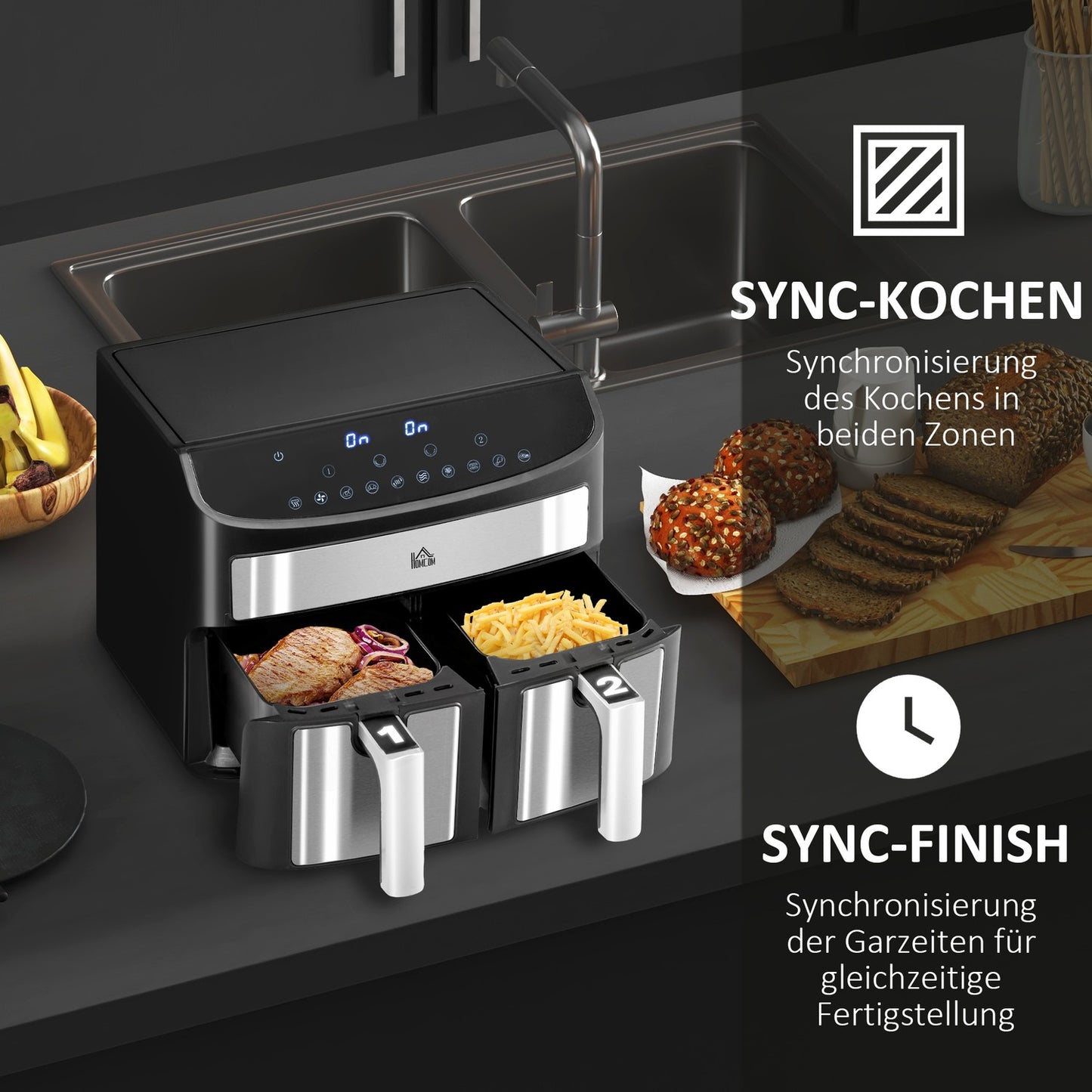 8L double chamber air fryer, 10 programs, oil-free, black