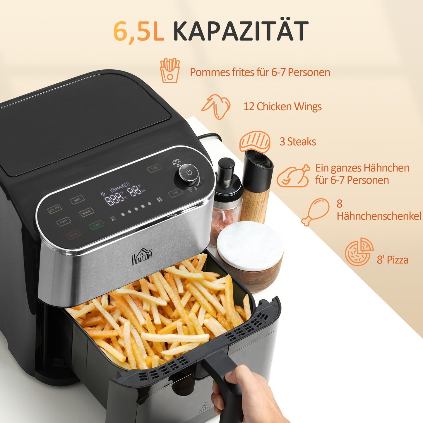 Air Fryer with touch screen, 6.5L, 1350W, non-stick basket