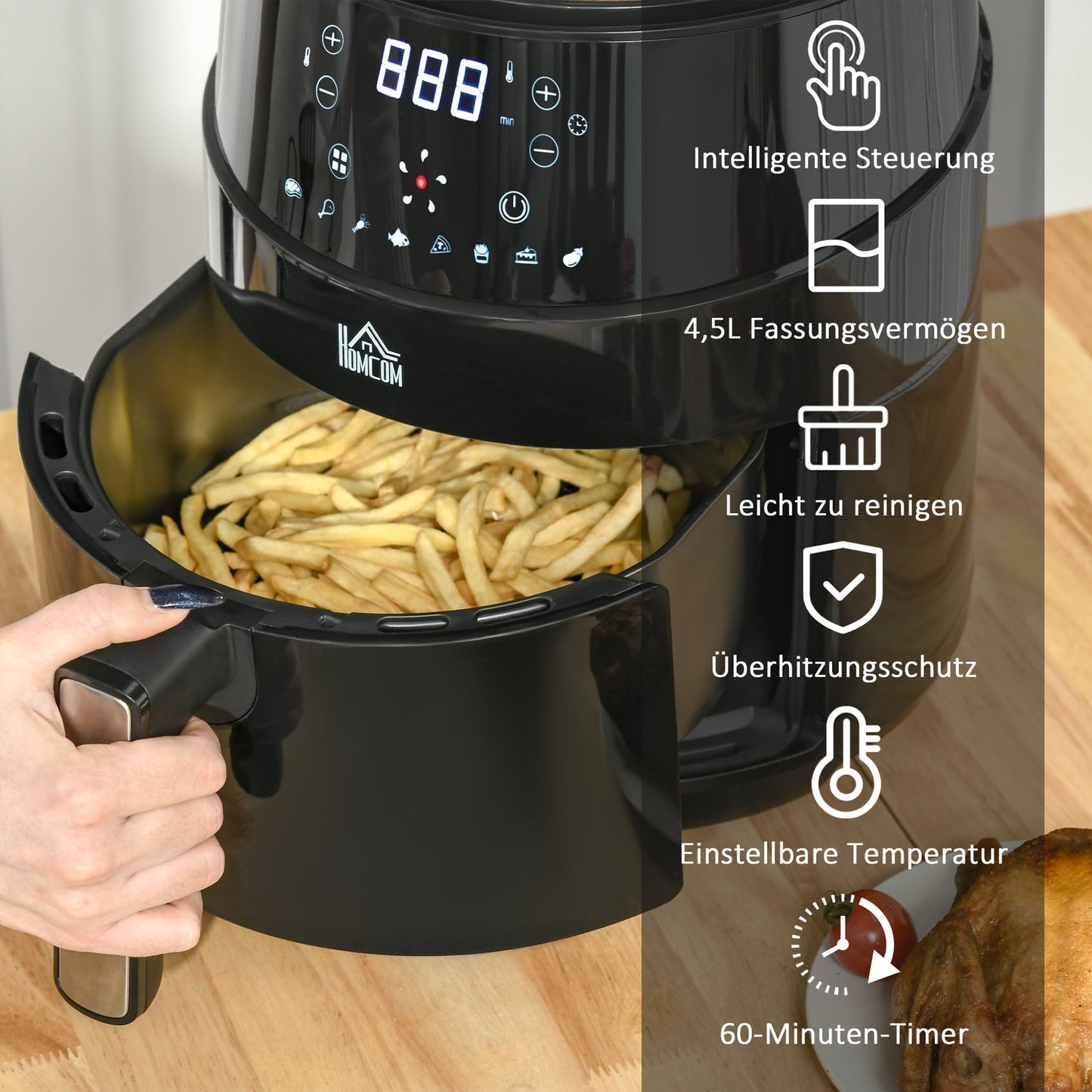 4.5L hot air fryer, 1500W, 8 presets, non-stick basket