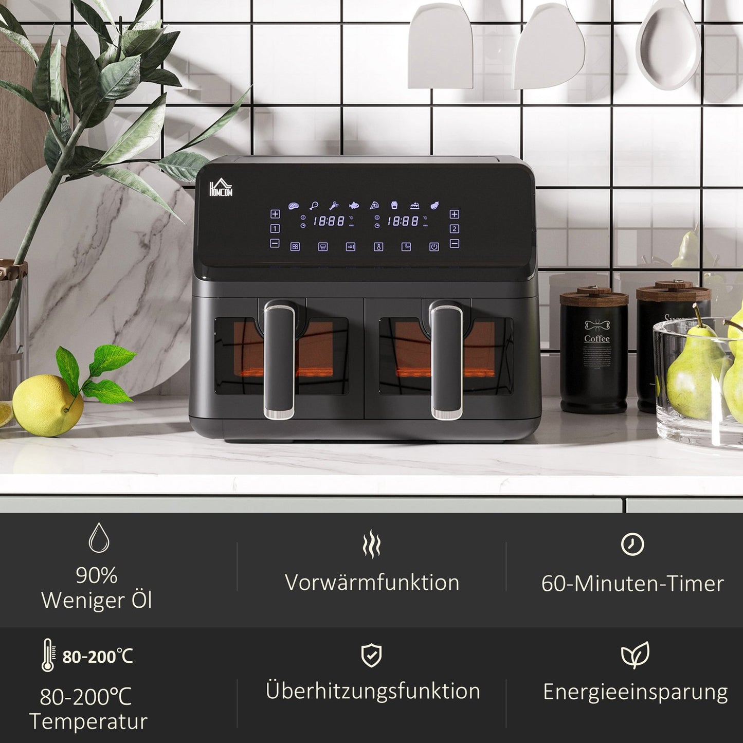 8L Air Fryer, Dual Chamber, No Oil, 2500W, Black