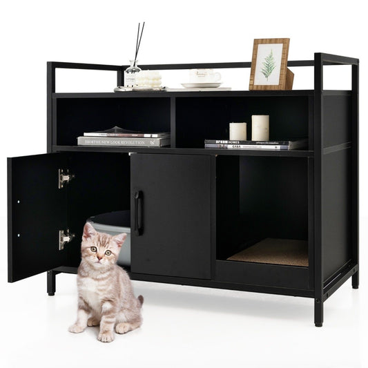 Housing for cat toilet cat cabinet with double doors & scratching pad 89 x 45 x 74.5 cm black