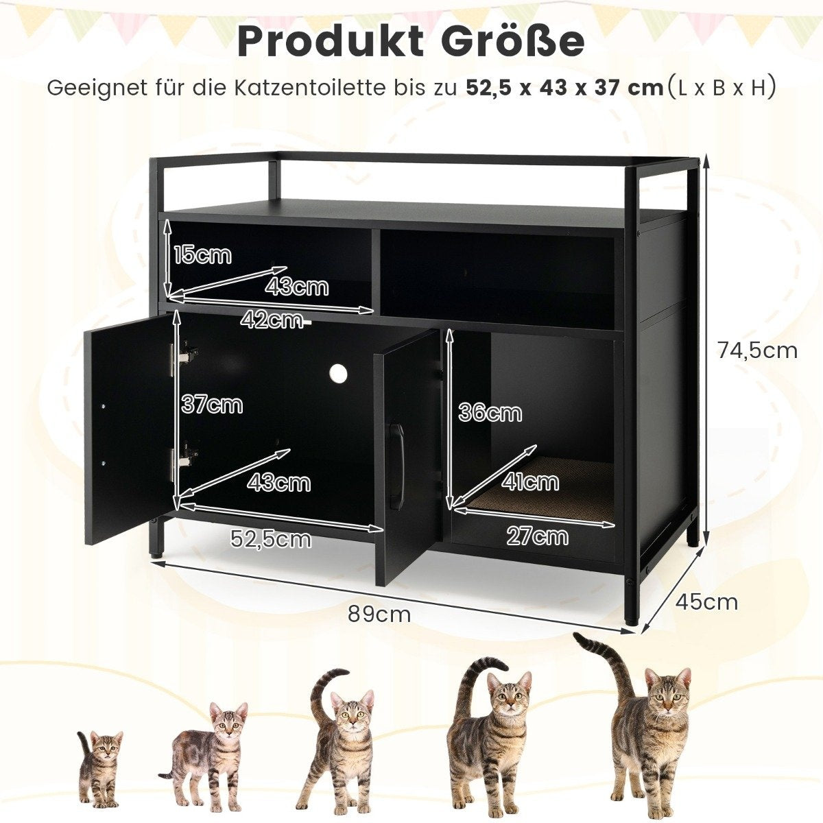 Housing for cat toilet cat cabinet with double doors & scratching pad 89 x 45 x 74.5 cm black