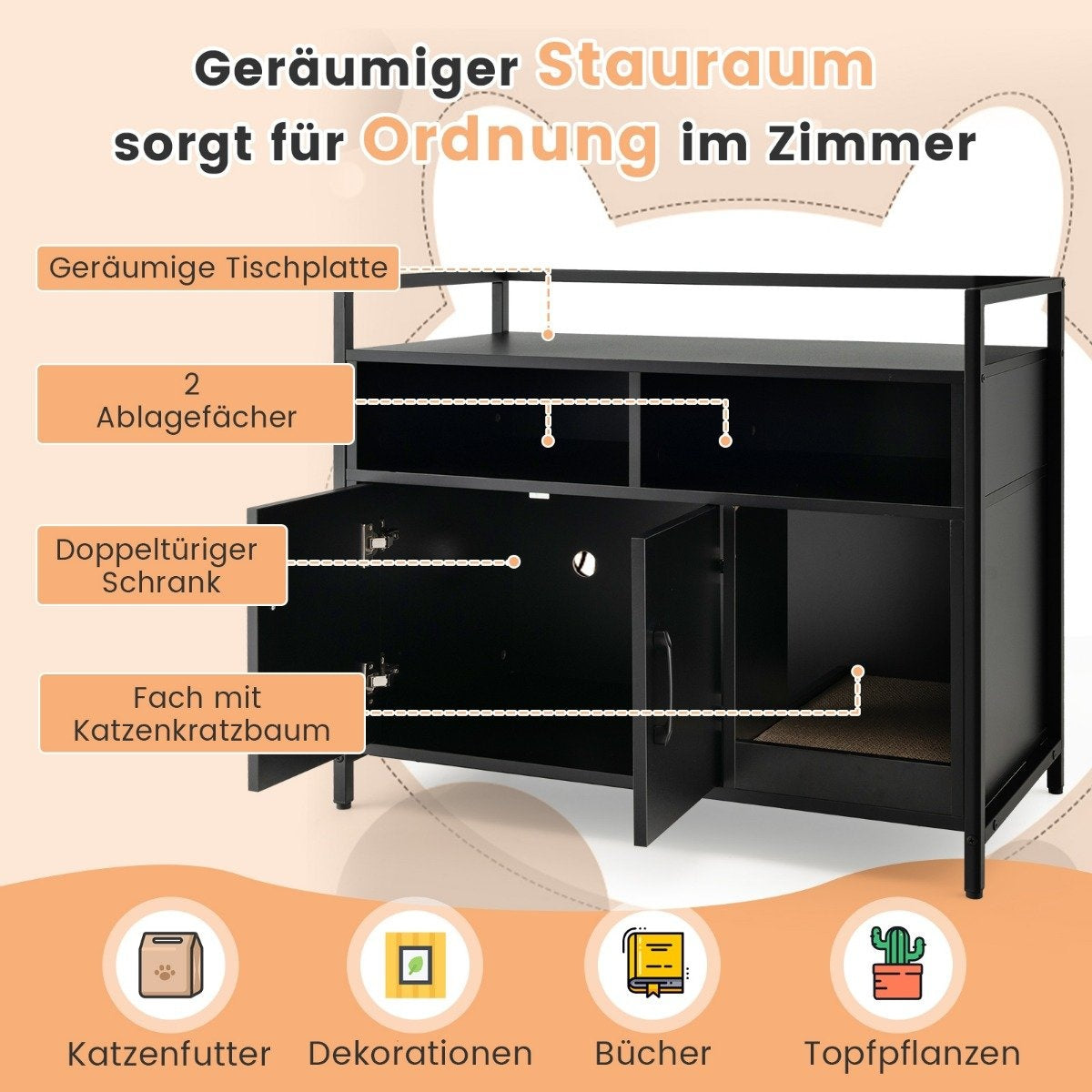 Housing for cat toilet cat cabinet with double doors & scratching pad 89 x 45 x 74.5 cm black
