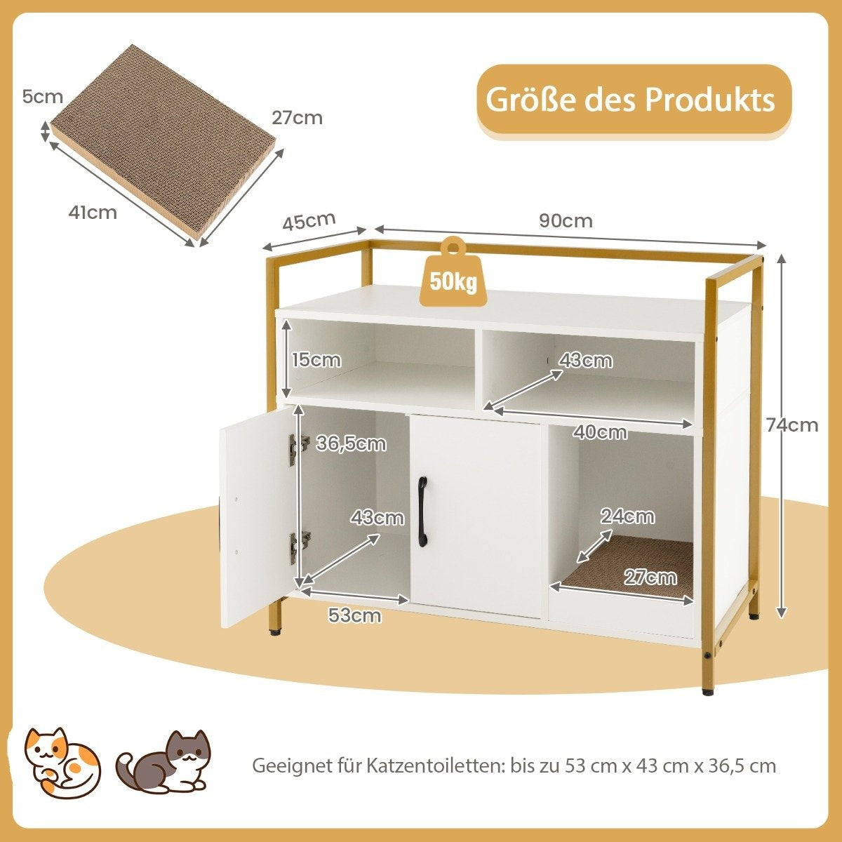 Housing for cat toilet cat cabinet with double doors & scratching pad 89 x 45 x 74.5 cm white