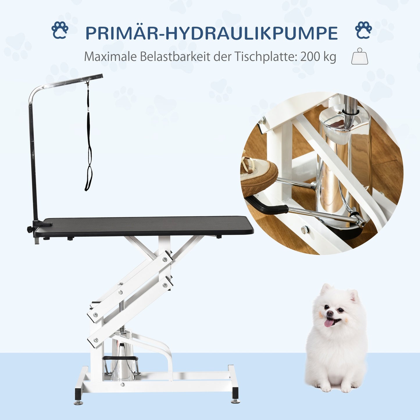 Hydraulic dog grooming table with cutting arm