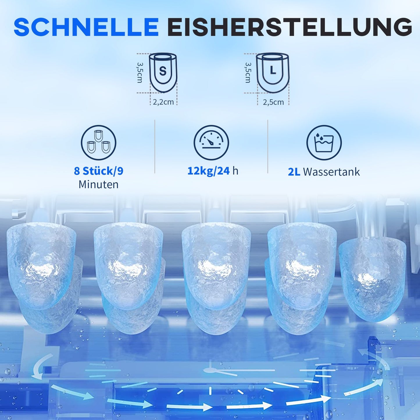 Ice machine 12Kg/24H with LED screen and self-cleaning