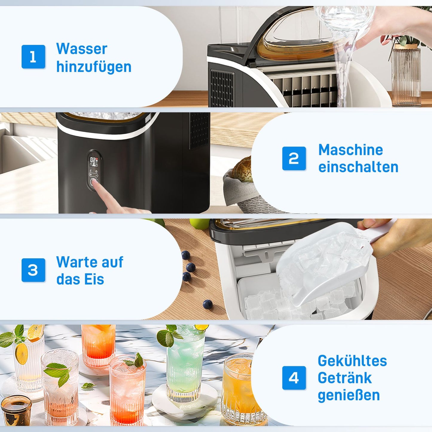Ice Cube Maker, 15kg/24h, 1.5L Tank, LED Display, Black