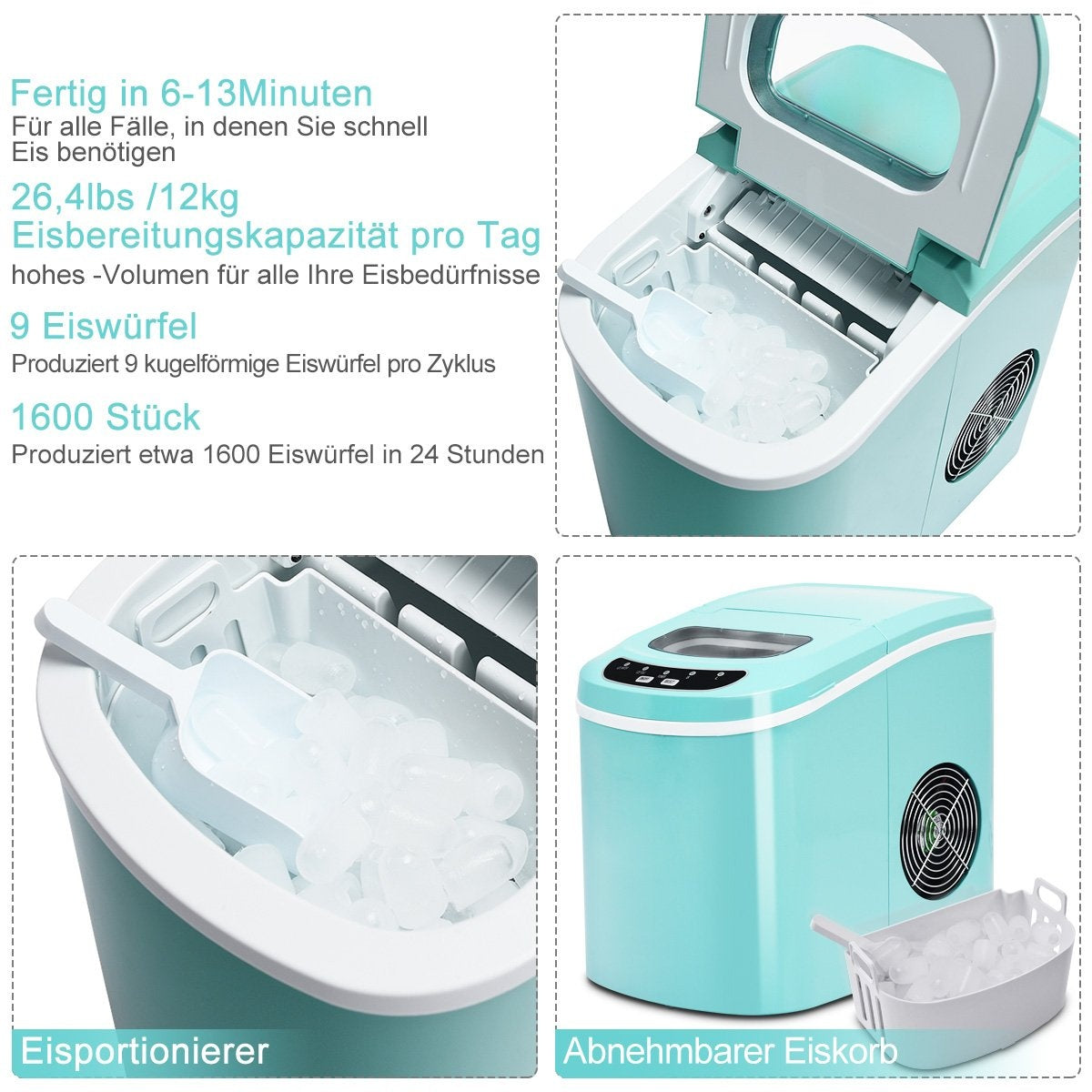 Ice Maker Machine Portable Ice Machine with 2.2L Water Tank 24 x 33 x 36 cm Green