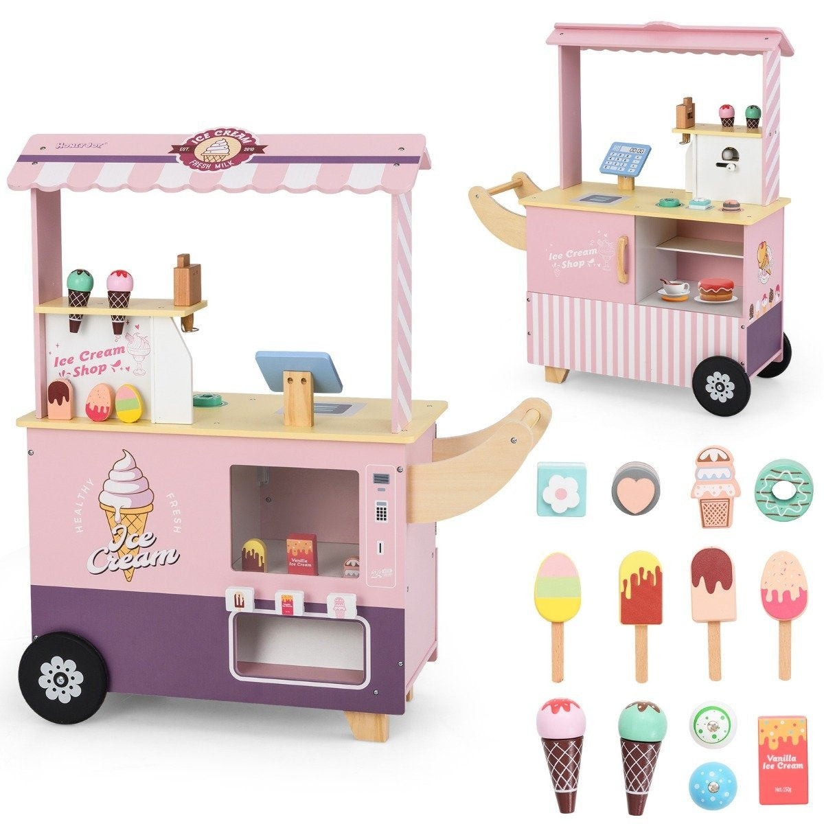 Ice cream cart for children with ice cream toy shop wood with ice cream maker pink