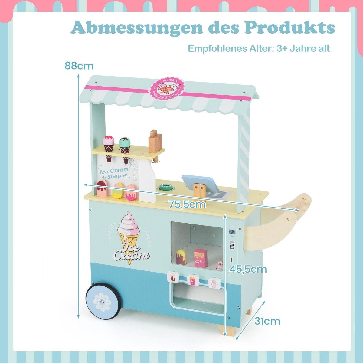 Ice cream truck children with ice cream toy shop wood with ice cream maker green