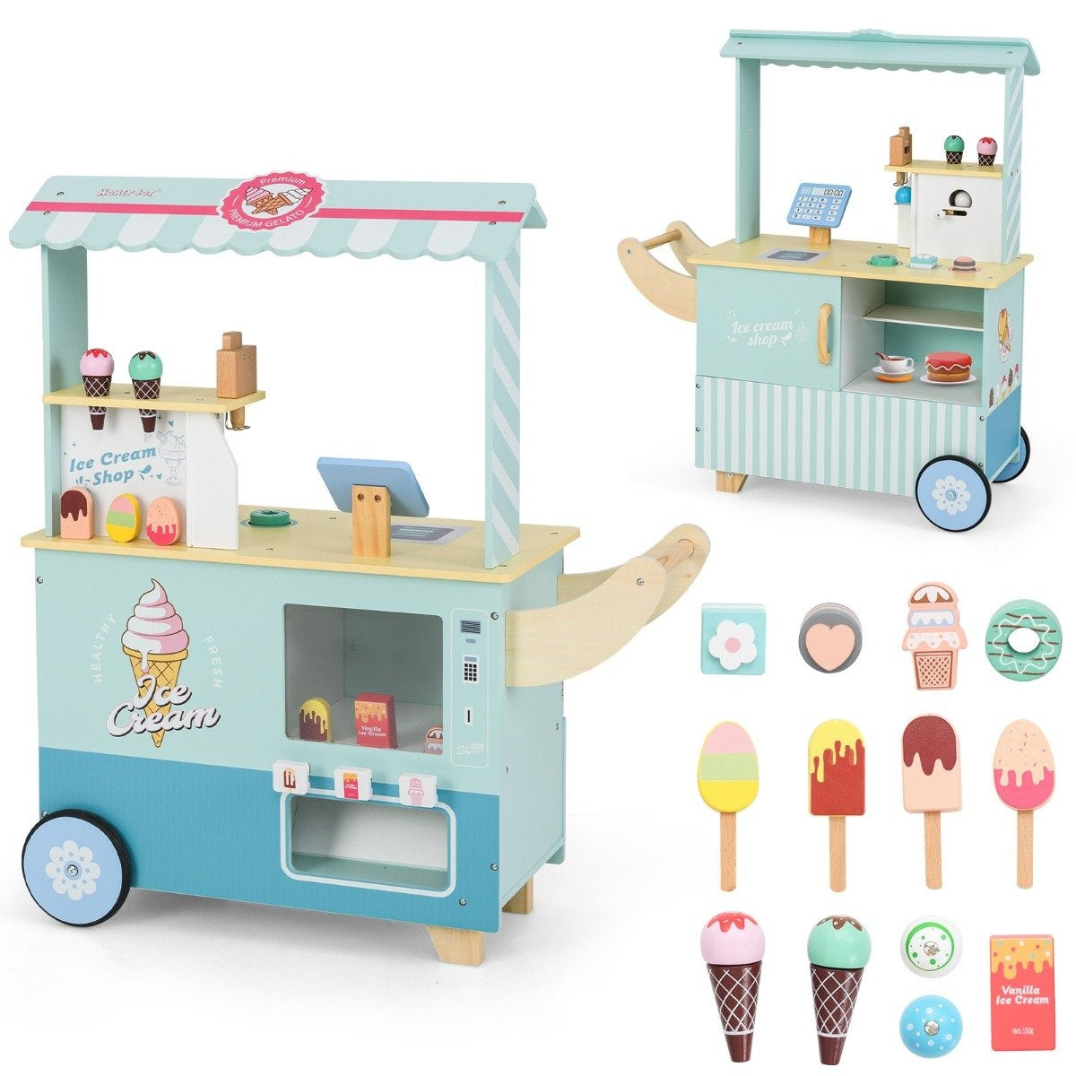Ice cream truck children with ice cream toy shop wood with ice cream maker green