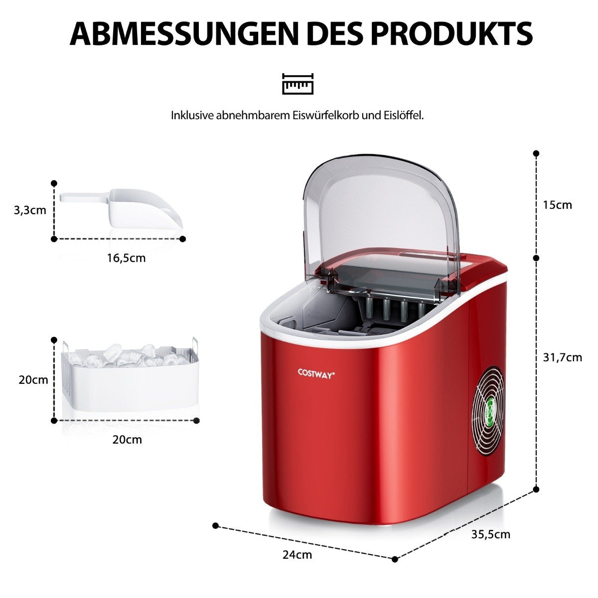 Ice cube machine 2.2 L ice cube machine with spherical ice cubes 24.5 x 35.5 x 32 cm red