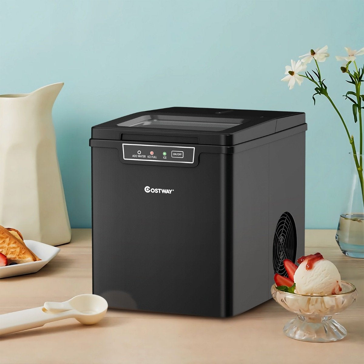 Ice cube machine ice cube maker including ice cube scoop 1.85 L water tank 35 x 25 x 29.5 cm black