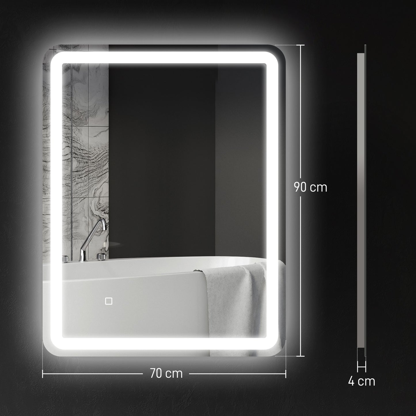 Illuminated Bathroom Mirror, Touch Control, Anti-Fog, 70x90 cm
