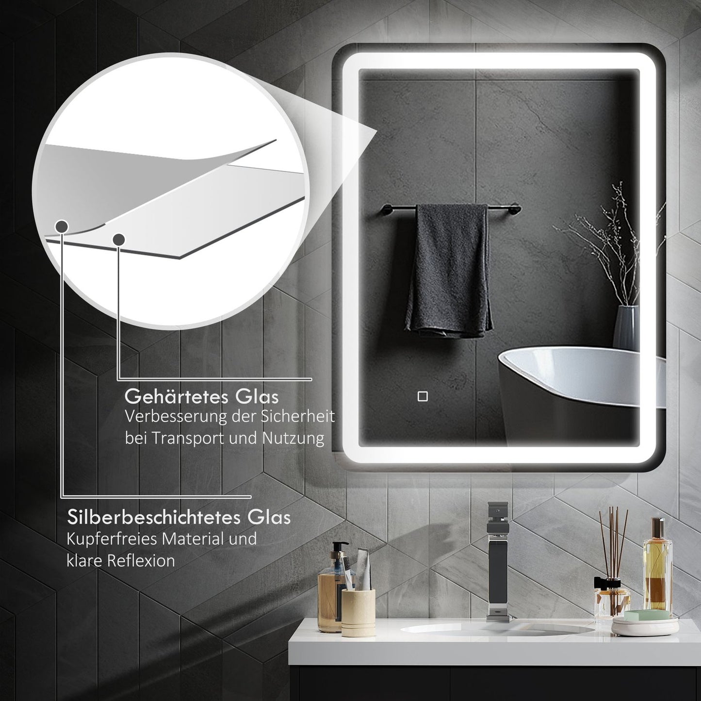 Illuminated Bathroom Mirror, Touch Control, Anti-Fog, 70x90 cm
