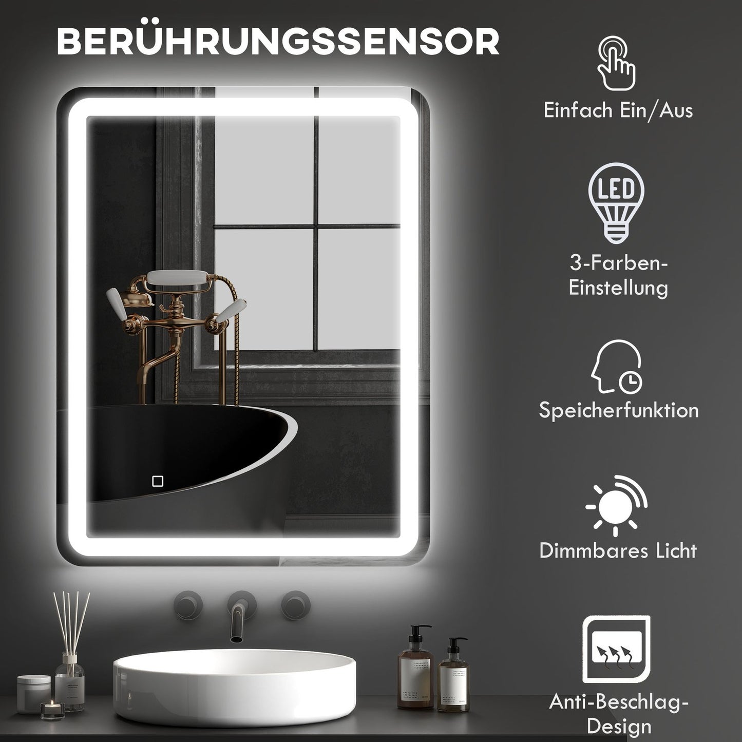 Illuminated Bathroom Mirror, Touch Control, Anti-Fog, 70x90 cm