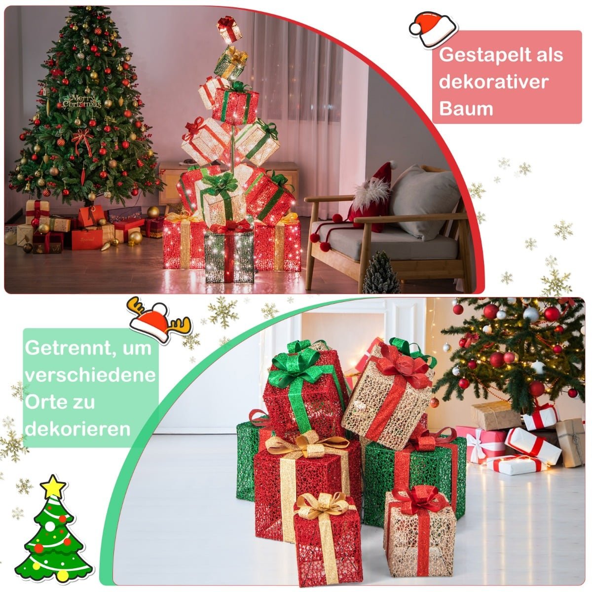 Illuminated Christmas Gift Box Set, 15 Pieces, 450 LED Lights