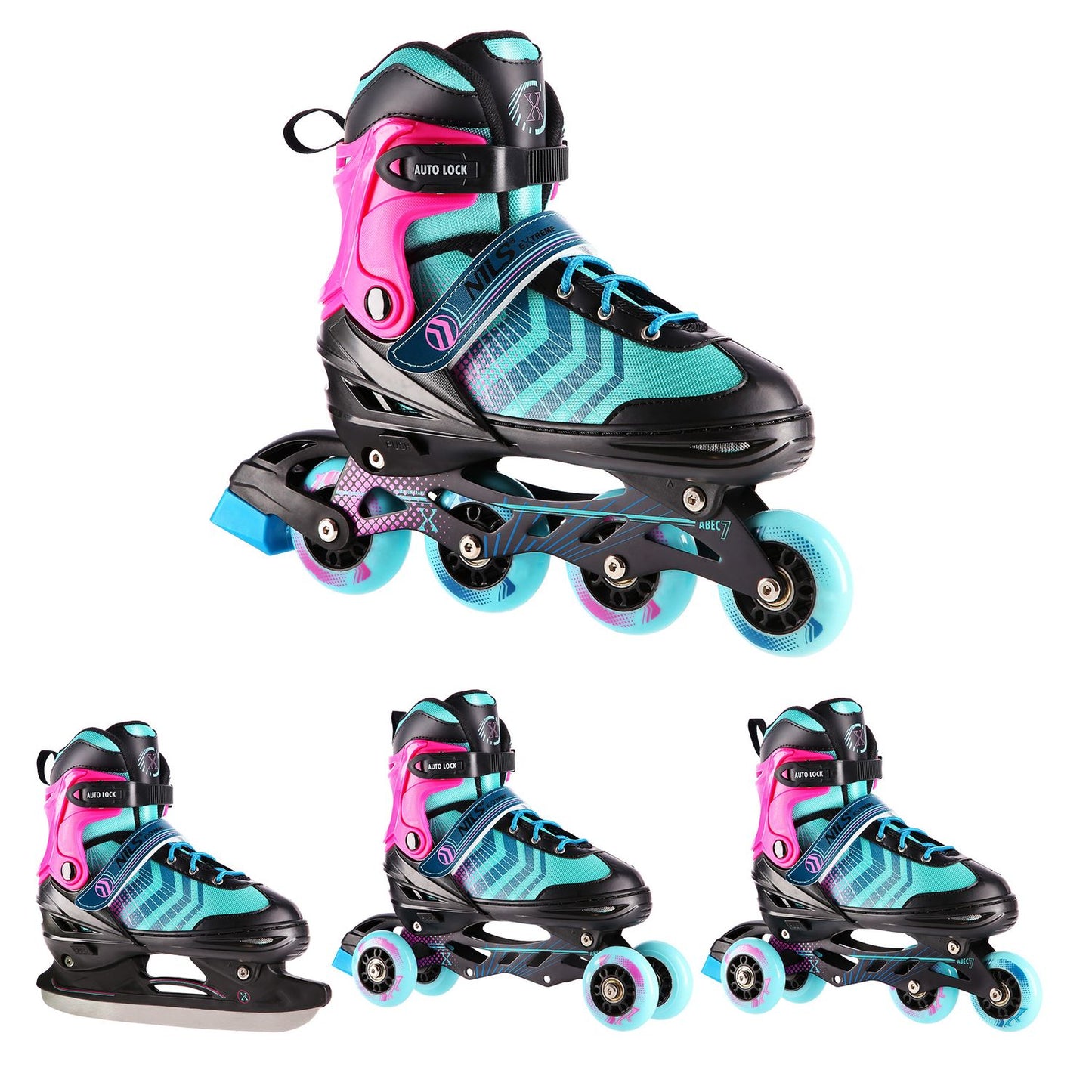 In-Line & Hockey Ice Skates, 4-in-1, Black-Violet, Size S