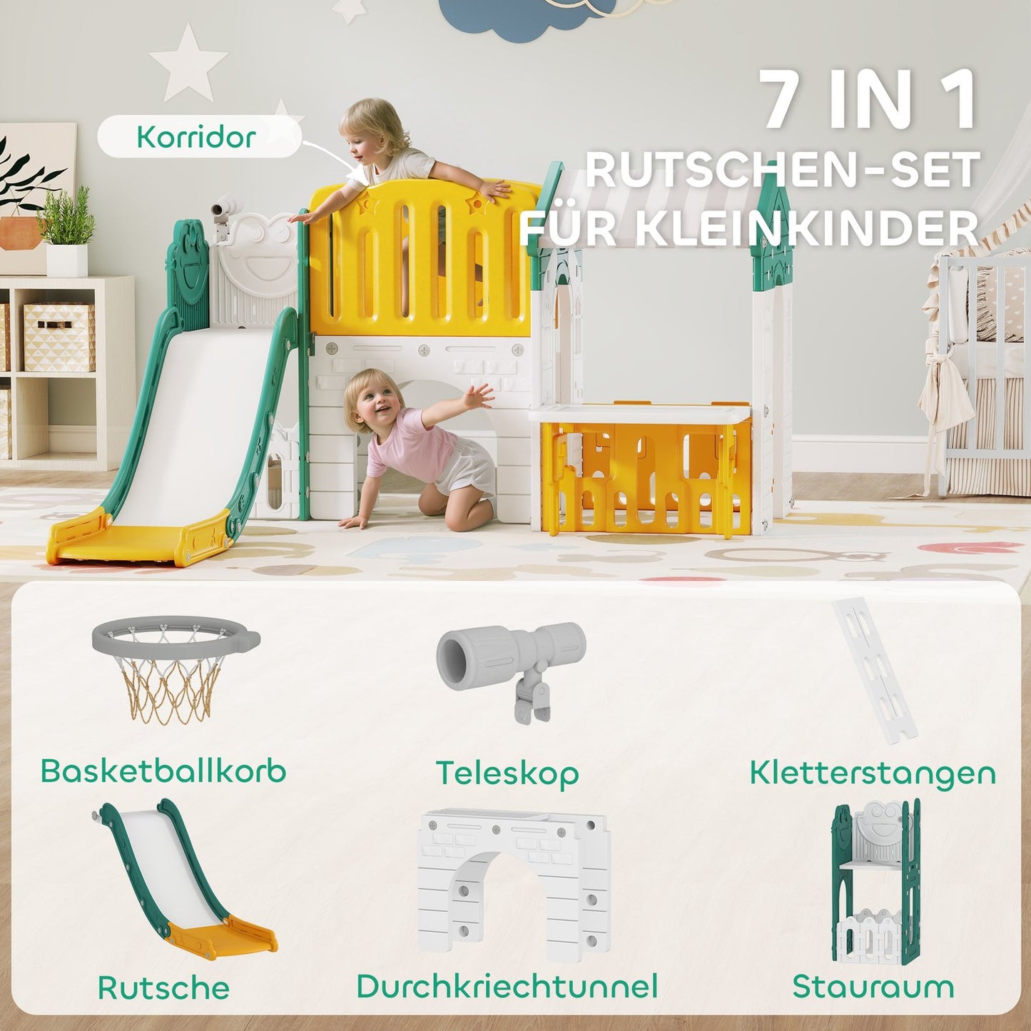 Indoor 7-in-1 Slide & Playset, Ages 1-4, Yellow/Green