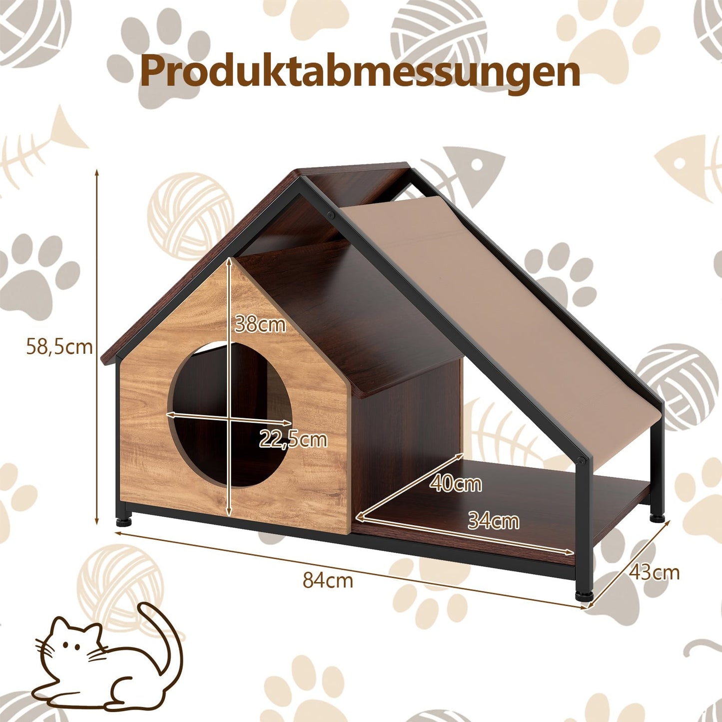 Indoor Cat House with Veranda, Removable Roof, Metal Frame