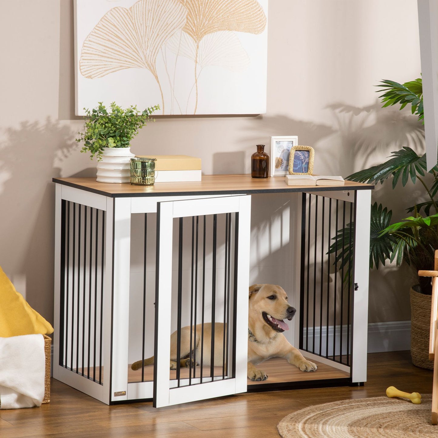 Indoor dog cage for small/medium dogs, chipboard, dark walnut