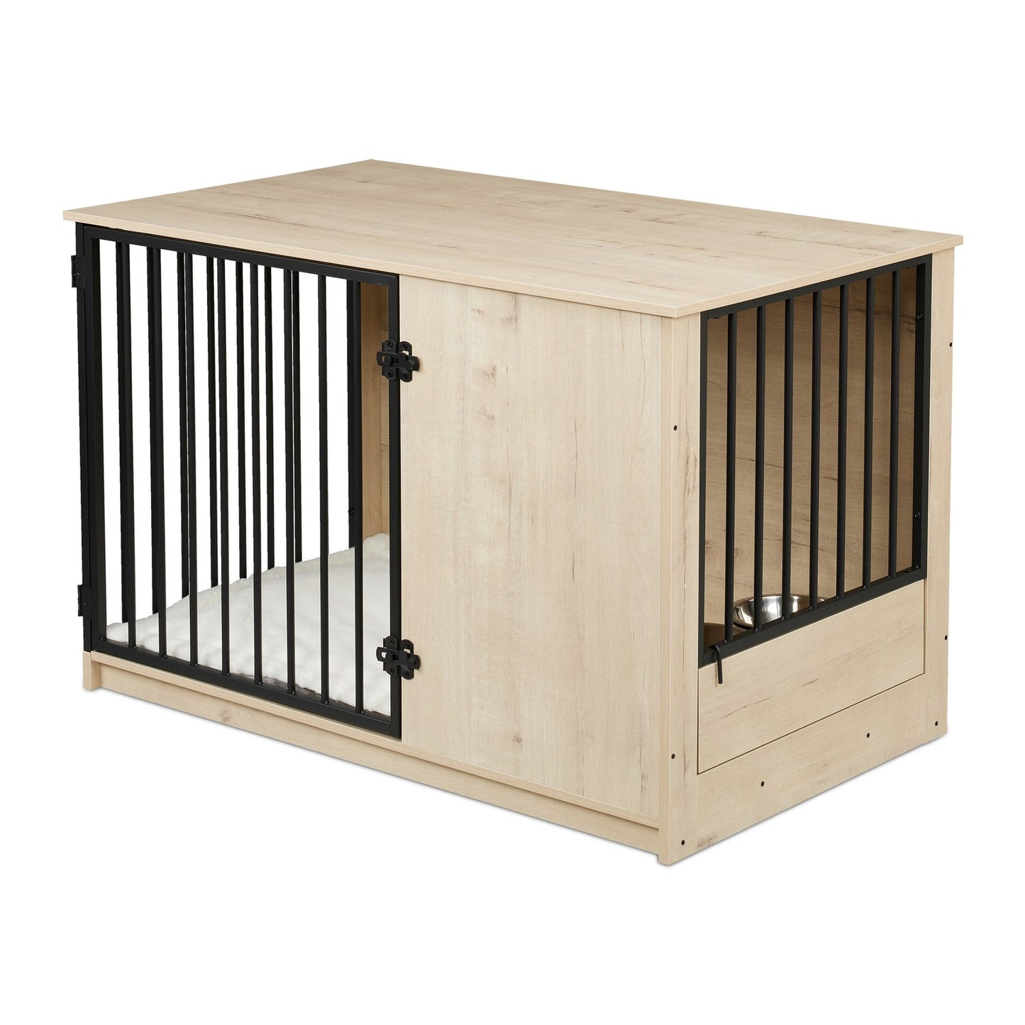 Indoor Dog Crate, Wood Effect, 2 Bowls, Medium Size