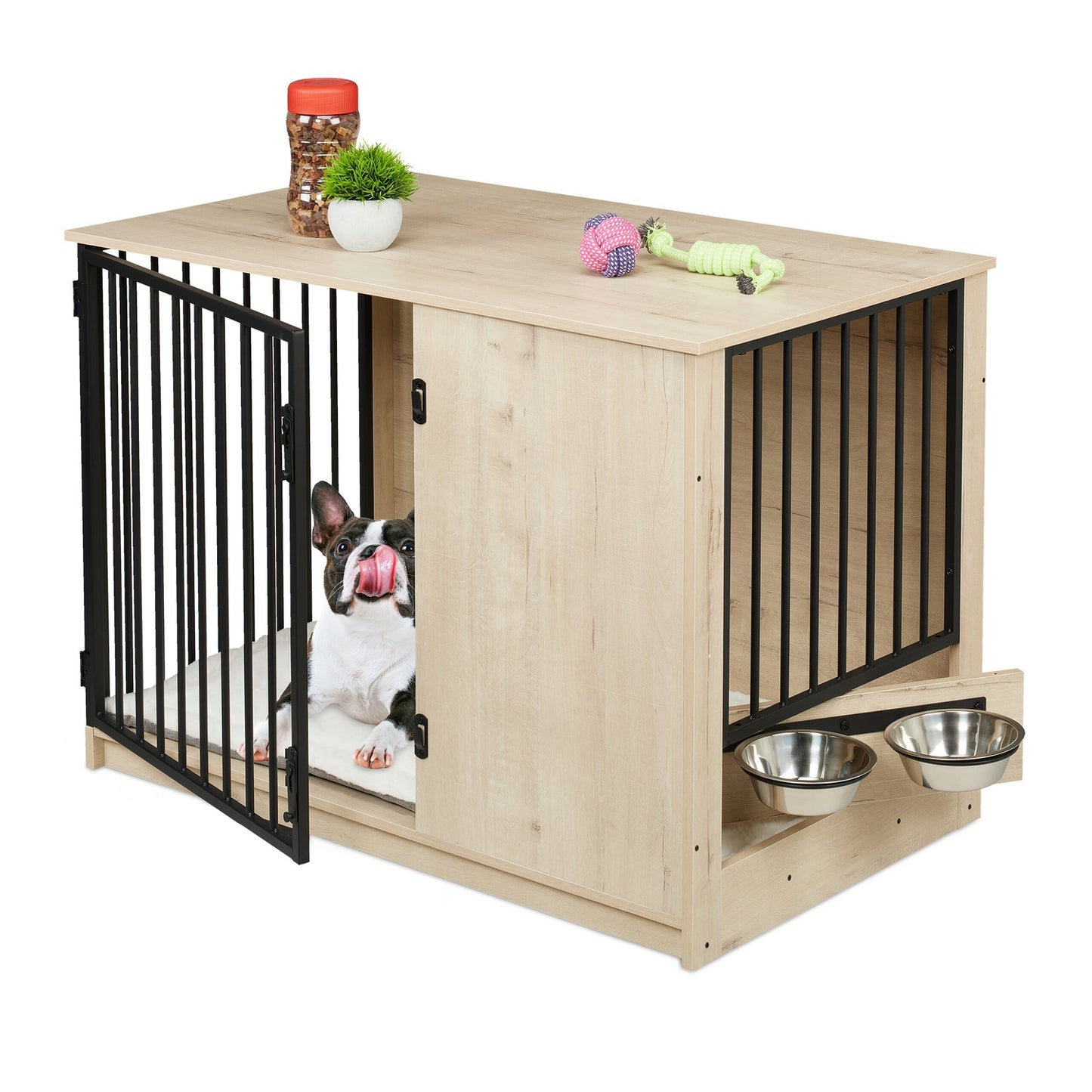 Indoor Dog Crate, Wood Effect, 2 Bowls, Medium Size