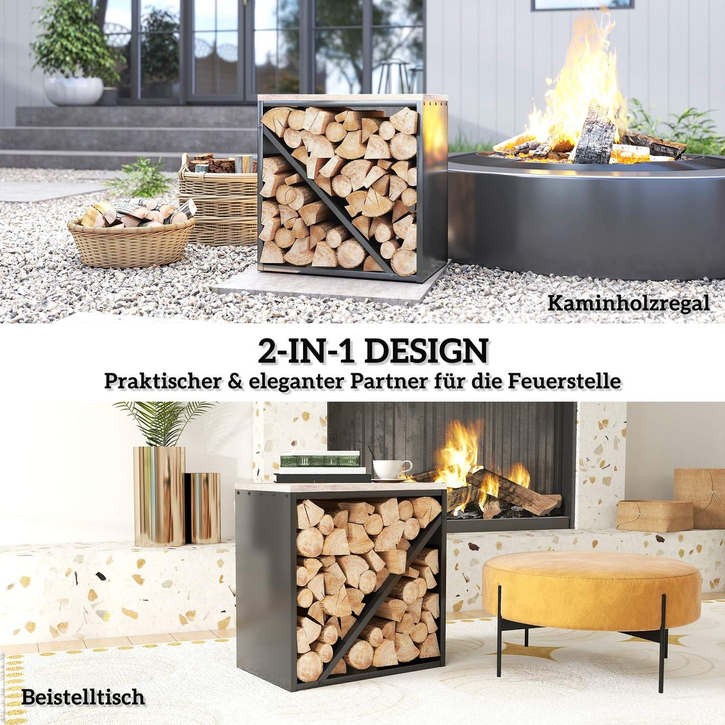Indoor Firewood Rack, 2-in-1 Metal Divider, 58x36x60cm