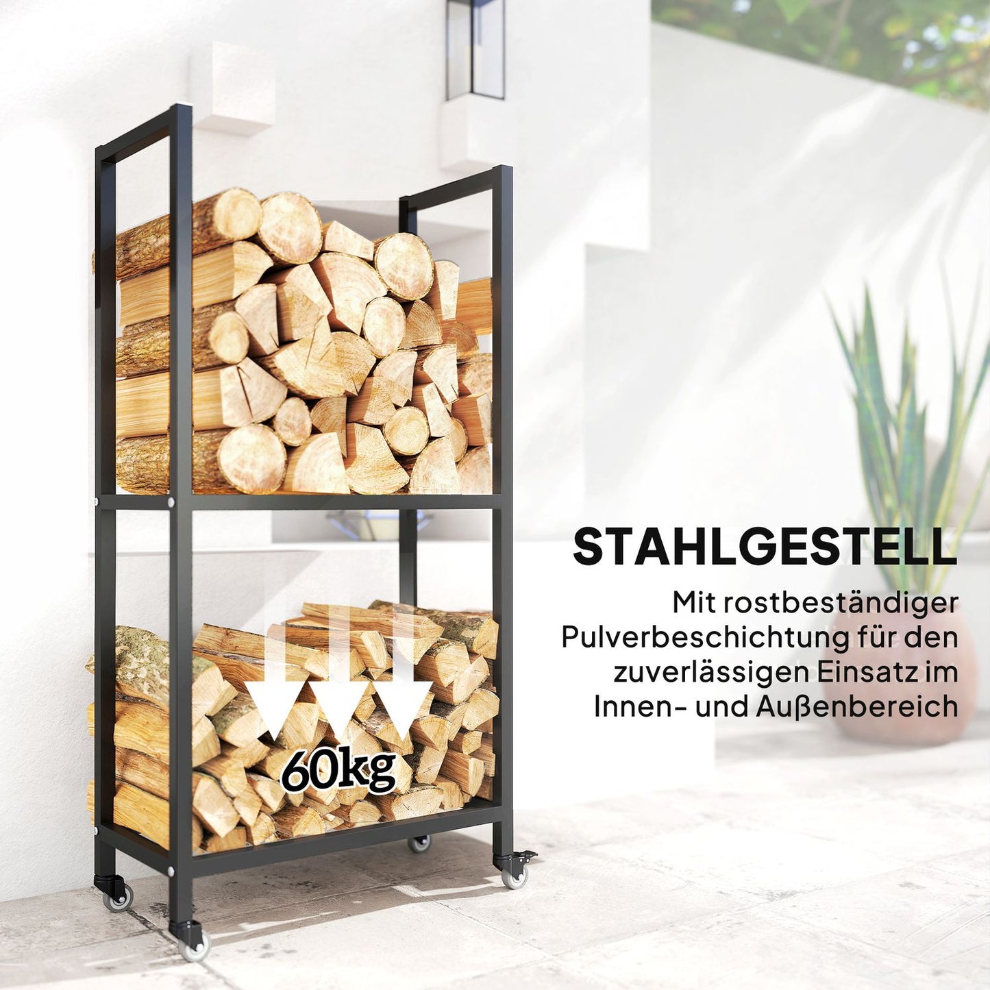 Indoor Firewood Rack, Steel, 60x30x119 cm, 2-Tier, Black