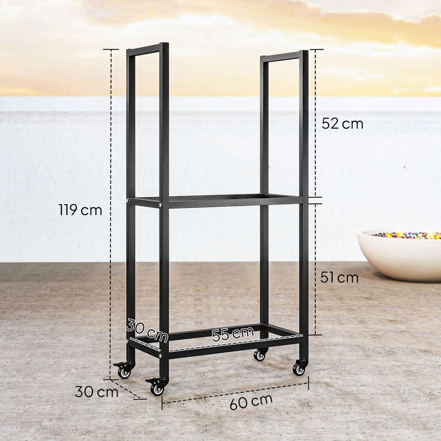 Indoor Firewood Rack, Steel, 60x30x119 cm, 2-Tier, Black