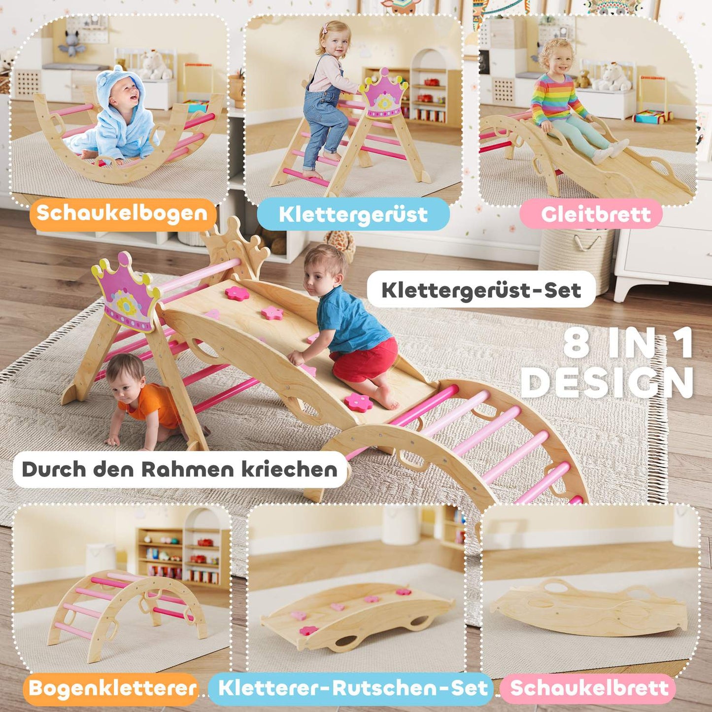 Indoor Kids Climbing Gym – 8-in-1, Princess Design, Wood
