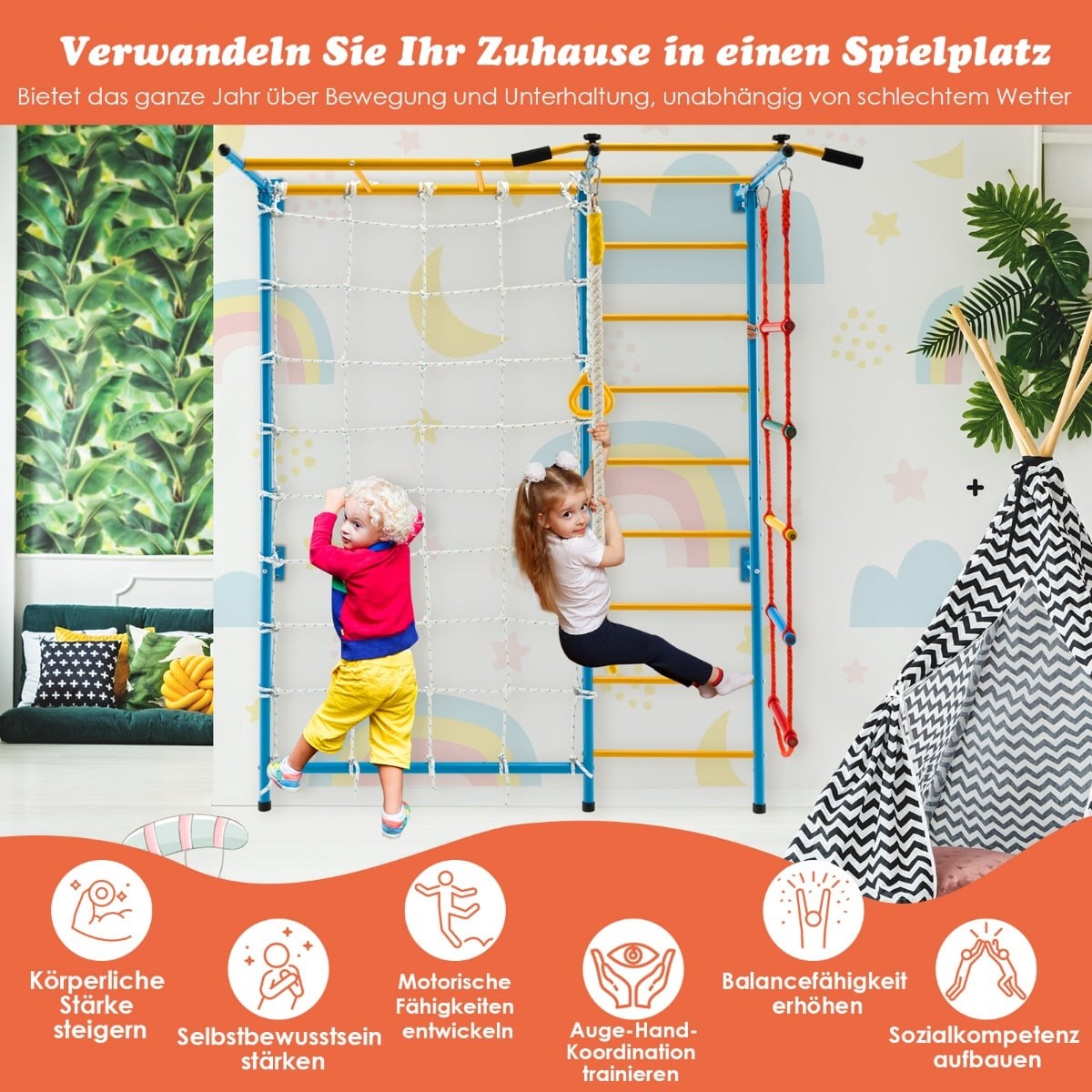 Indoor Kids Climbing Wall Gym Set, 7-in-1, 197.5 x 83.5 x 223 cm