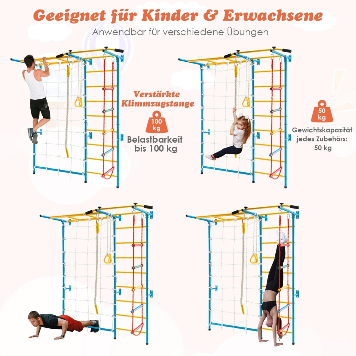 Indoor Kids Climbing Wall Gym Set, 7-in-1, 197.5 x 83.5 x 223 cm
