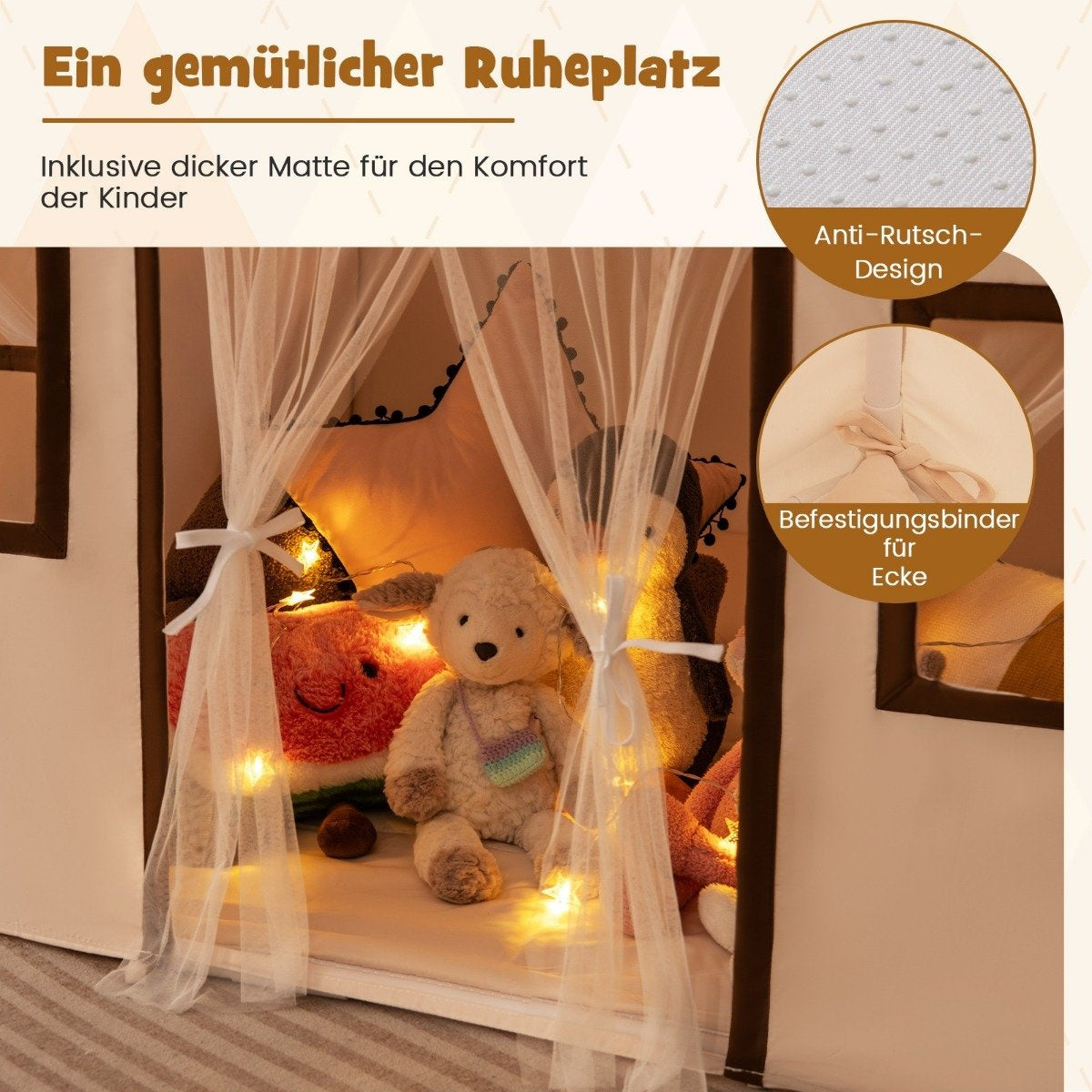 Indoor Kids Play Tent with Mat and Lights, Beige, 123x107x137 cm