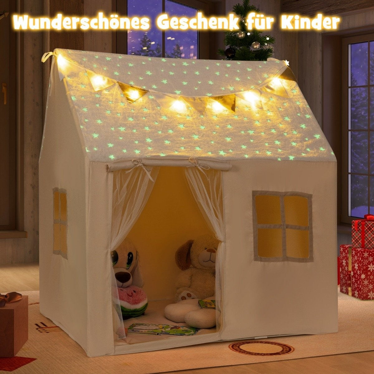 Indoor Kids Play Tent with Padded Mat & Star Lights