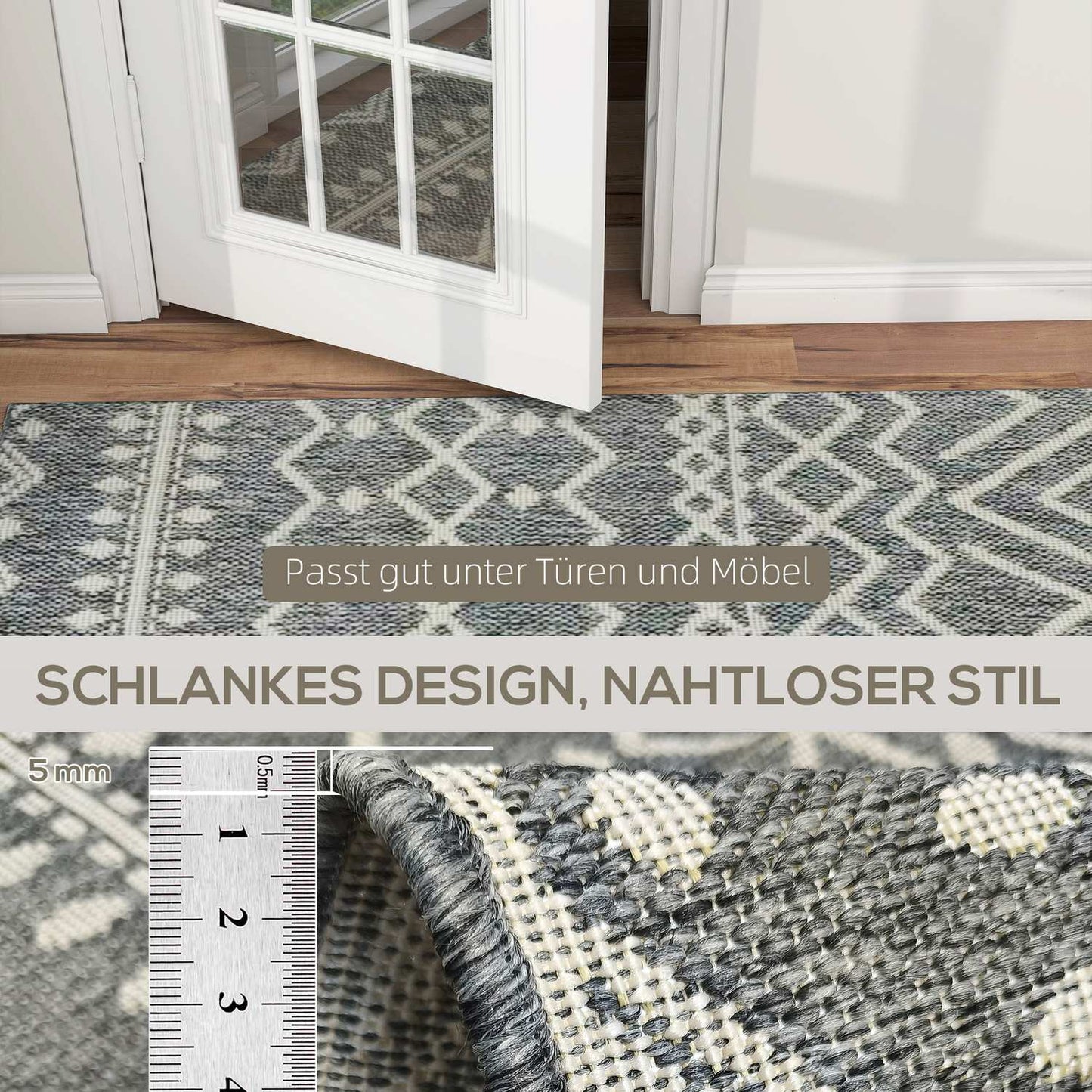 Indoor/Outdoor Boho Rug, Easy Clean, Grey, 200x140 cm