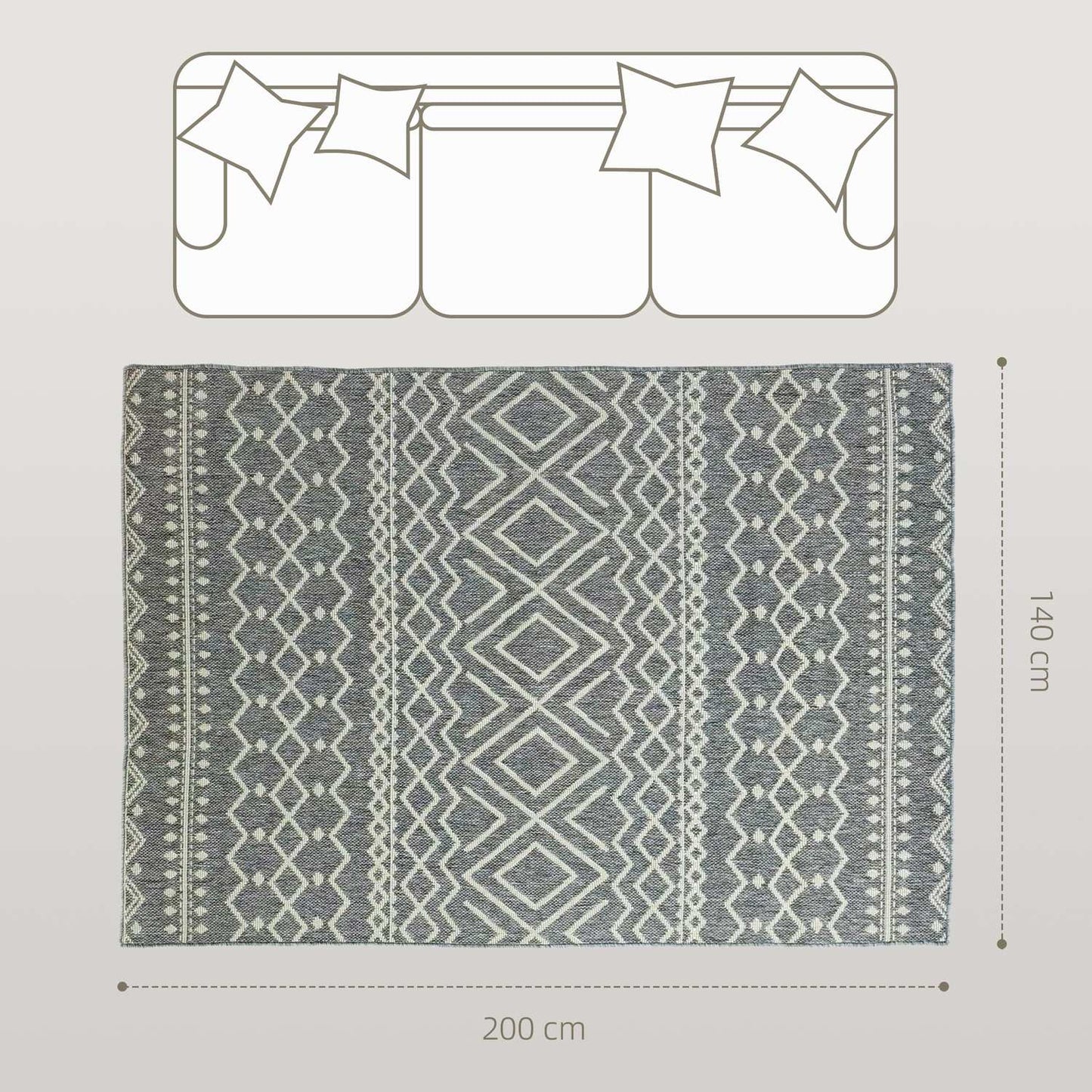 Indoor/Outdoor Boho Rug, Easy Clean, Grey, 200x140 cm