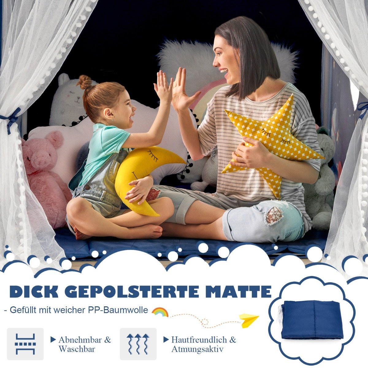 Indoor Play Tent with Mat, 121 x 105 x 137 cm, Blue