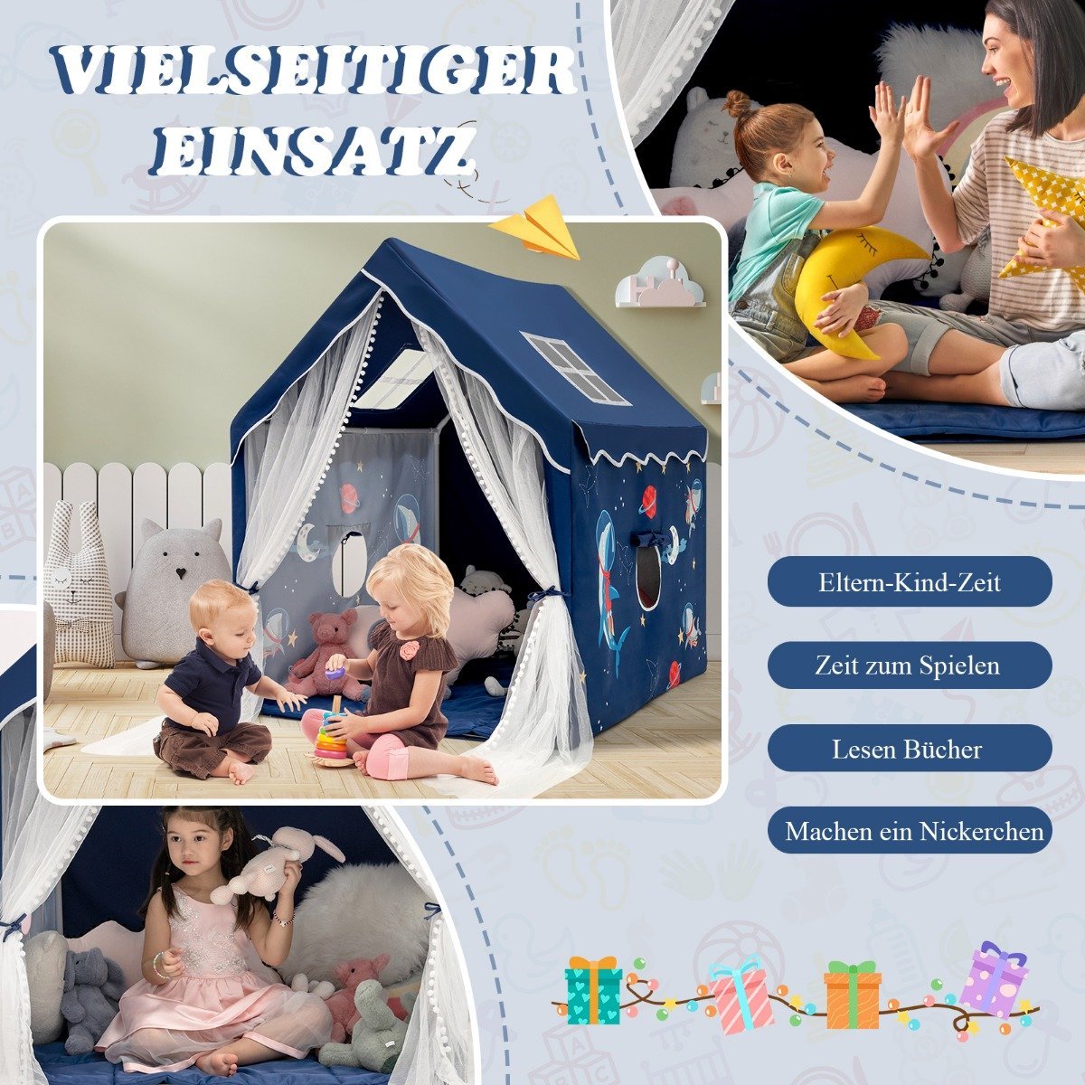 Indoor Play Tent with Mat, 121 x 105 x 137 cm, Blue