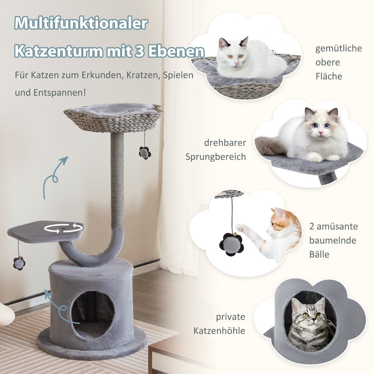 Indoor Scratching Post with Curved Metal Frame 3 Tier Cat Activity Center Gray
