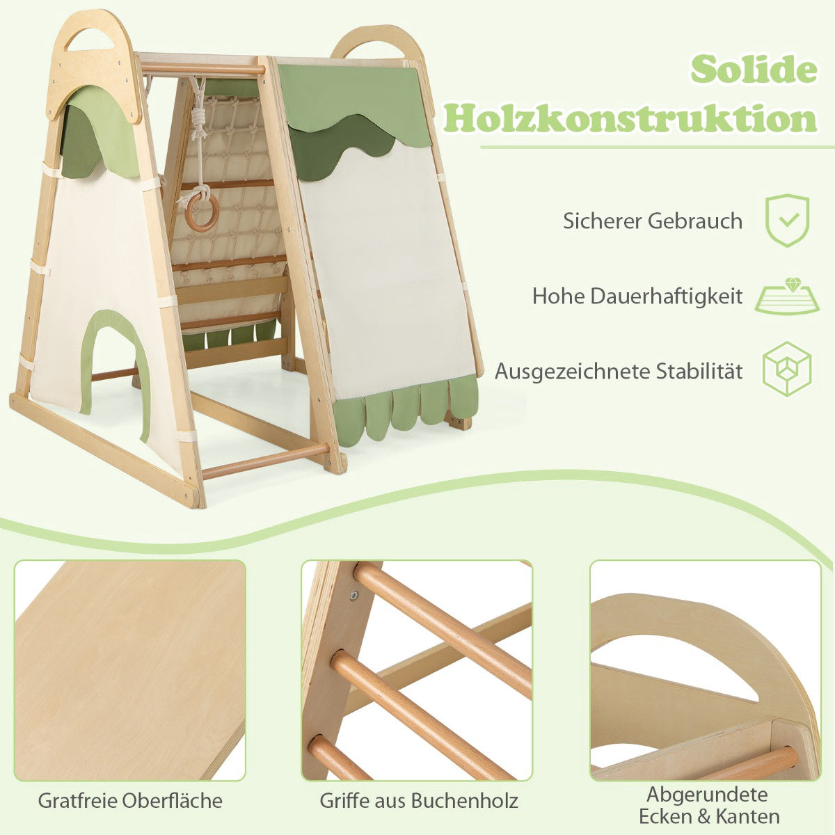 Indoor Wooden Climbing Playset for Kids with Slide & Tent
