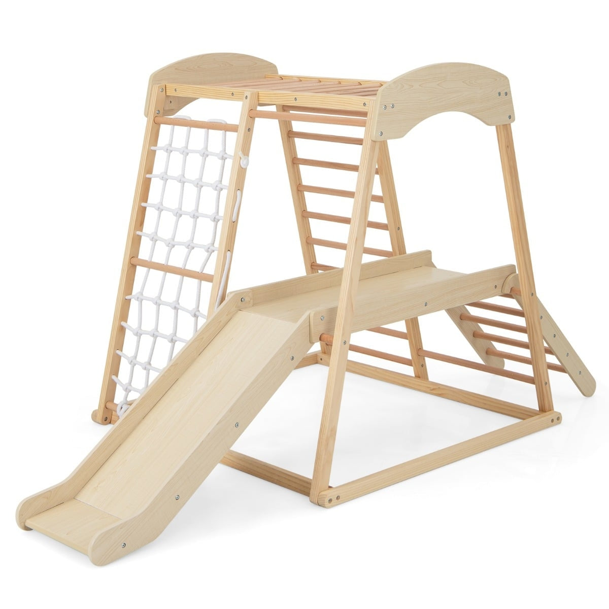 Indoor Wooden Climbing Set with Slide, Ladder, Net