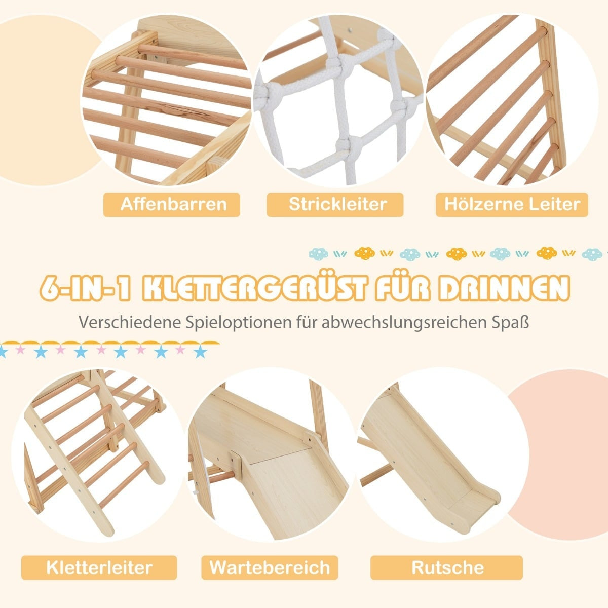 Indoor Wooden Climbing Set with Slide, Ladder, Net