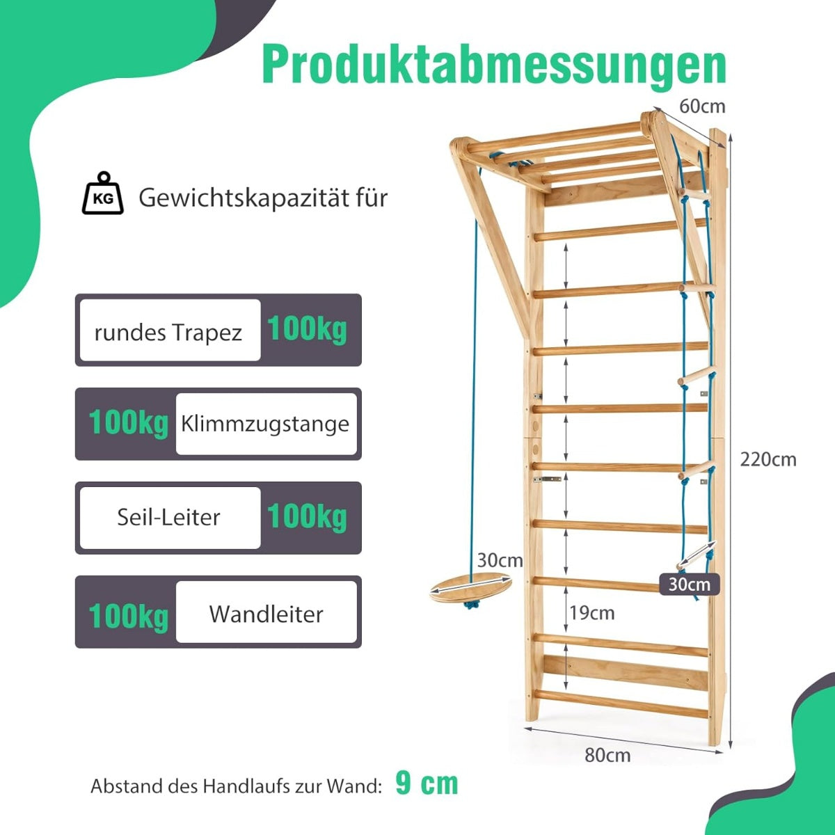 Indoor Wooden Climbing Wall – 4-in-1, 100 kg Capacity