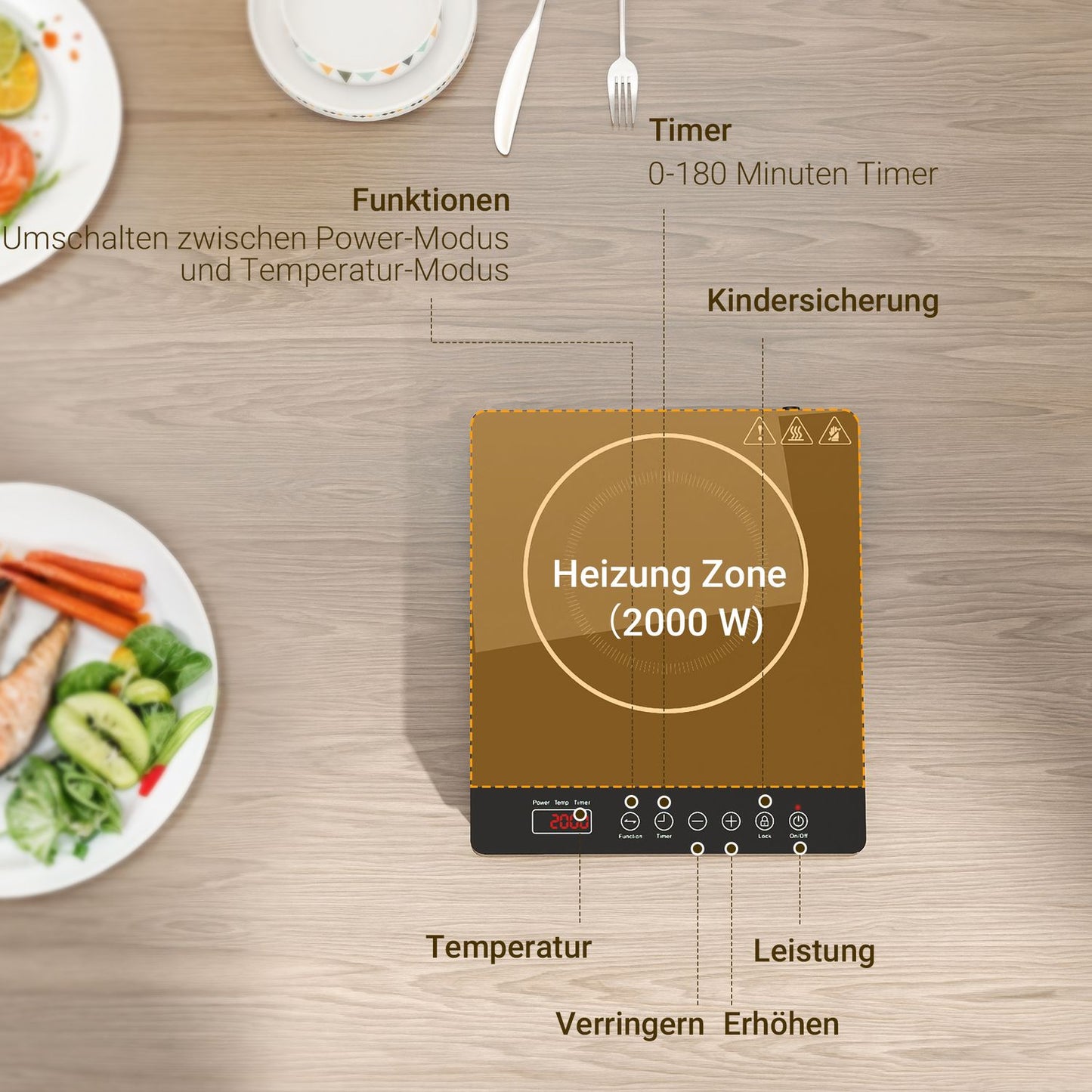 Portable single induction hob, 2000W, 10 power levels, black